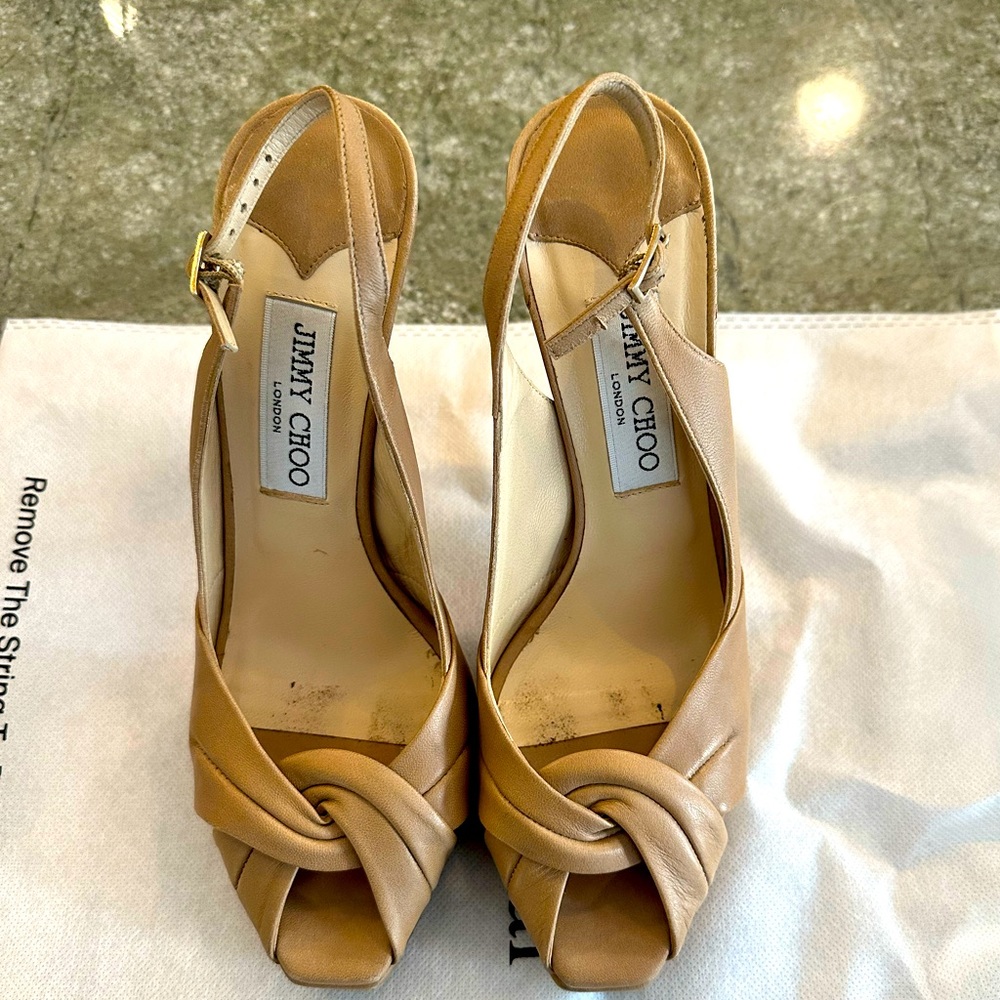 Jimmy choo cross cross peep toe sling back pumps.